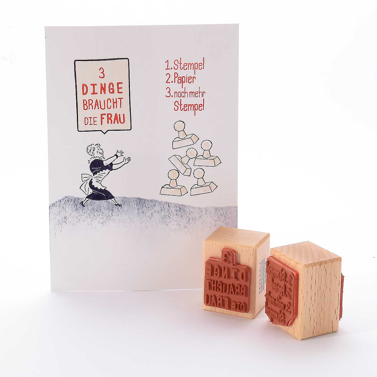 Motivstempel Titel: 3 Dinge braucht die Frau · 1. Stempel, 2. Papier, 3. noch mehr Stempel