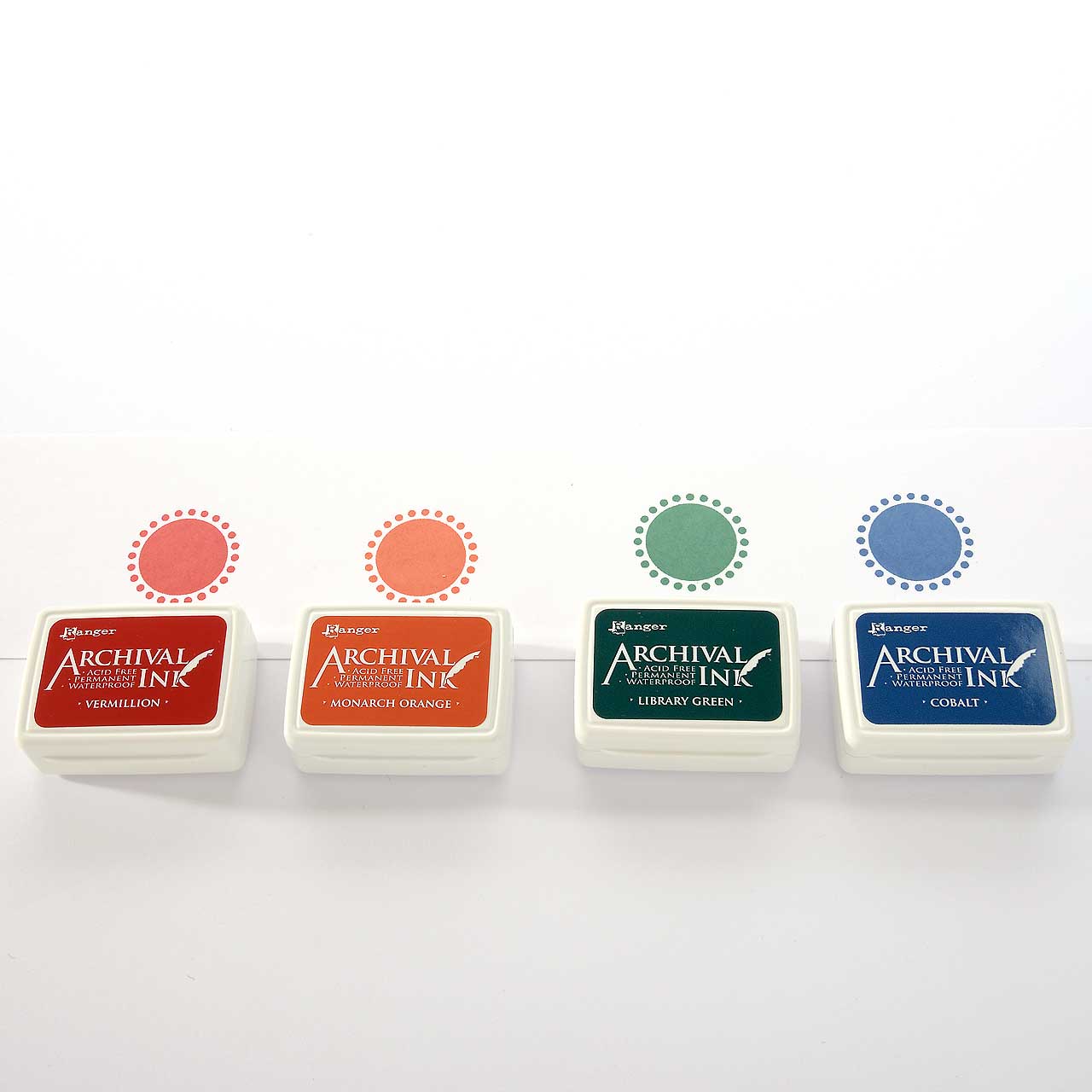 4 Mini-Stempelkissen - Set 1  Zinnoberrot, Orange, Dunkelgrün, Kobaltblau 4 Mini-Stempelkissen - Set 1  Zinnoberrot, Orange, Dunkelgrün, Kobaltblau