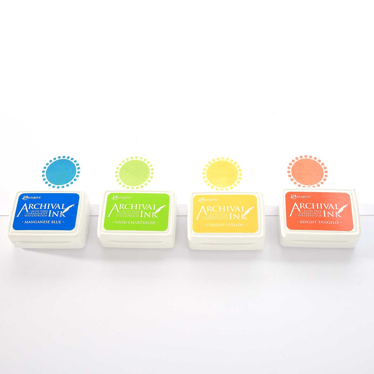 4 Mini-Stempelkissen - Set 3 Hellorange, Chromegelb, Gelbgrün, Manganblau 4 Mini-Stempelkissen - Set 3 Hellorange, Chromegelb, Gelbgrün, Manganblau